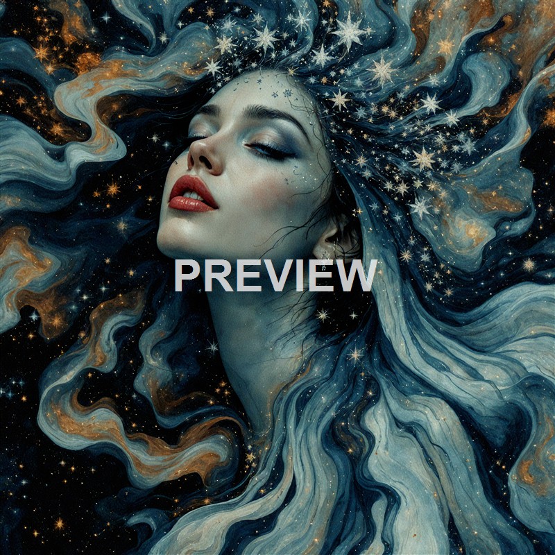 A woman with closed eyes and a serene expression has long, flowing hair that resembles a swirling galaxy, filled with stars and cosmic patterns.